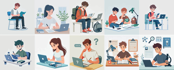 vector set of a teenager doing research with a simple flat design style