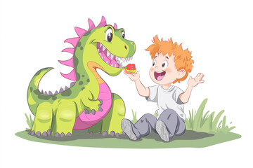 Fototapeta premium A boy and a green dinosaur playing joyfully on a grassy hill, depicting creativity, friendship, and the beauty of childhood imagination on a sunny day.