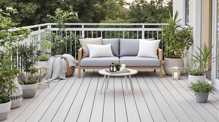 Serene Balcony Oasis: Modern outdoor living space with gray composite decking, comfortable seating, lush greenery, and calming neutral tones. Perfect for relaxation and entertaining. 