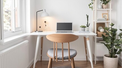 Serene Home Workspace: A minimalist workspace bathed in natural light, featuring a sleek white desk, comfortable chair, and lush greenery. Ideal for remote work, productivity, and a sense of calm. 