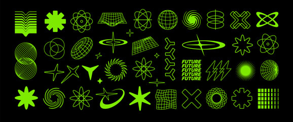  Y2k vector elements of trendy geometric brutalism forms, logos, grids, memphis design. Simple Acid shapes forms, rave symbols and frames y2k style. Retro Futurism signs and icons in 2000s style