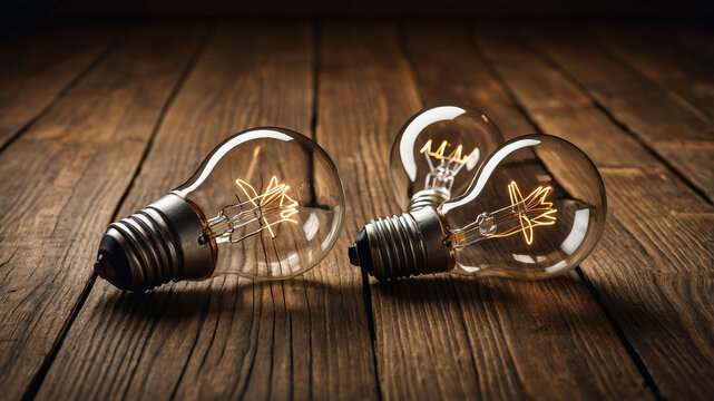 Rustic lighting setup with vintage bulbs on wooden background