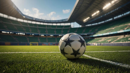 Professional football stadium with soccer ball on green grass