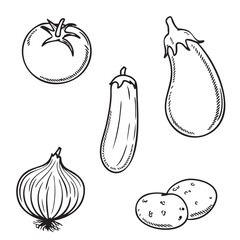 Black-and-white line art illustration of vegetables, including tomato, onion, cucumber, potato, and eggplant