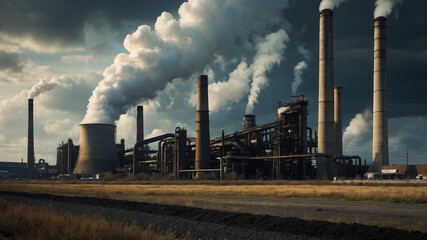 Manufacturing plant with smoking chimneys in industrial district under dramatic clouds