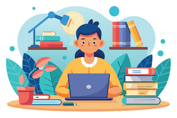 Focused student working on a laptop at a well-organized study space surrounded by books and plants in the evening