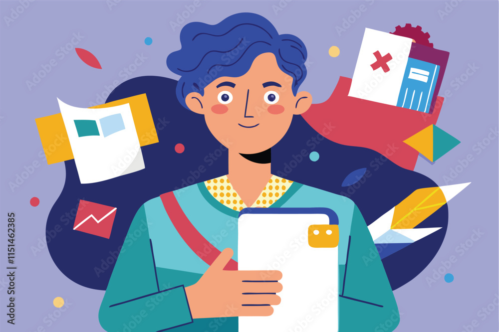 Leinwandbilder young man holding a folder while surrounded by colorful geometric shapes and productivity elements i
