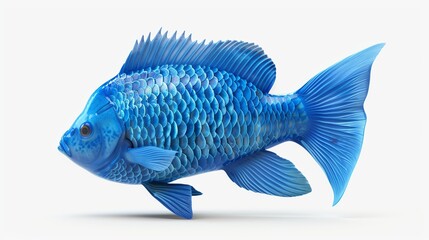 A blue tilapia with detailed scales, isolated on a smooth white background.