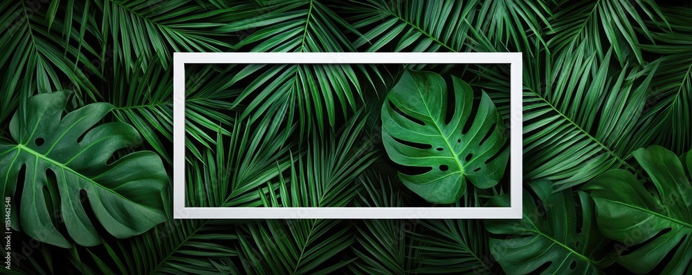Poster tropical frame concept. a lush background of tropical leaves with a white frame for creativity and d