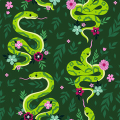 Fototapeta premium Seamless pattern with green snakes and flowers. Vector graphics.