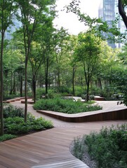 Fototapeta premium Modern rooftop garden with lush purple and orange flowers blooming near office building