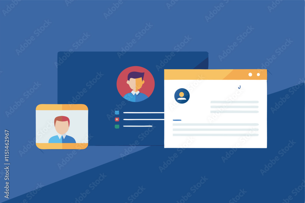 Poster Profile management interface showcasing user avatars, personal information, and interaction features in a modern vector design