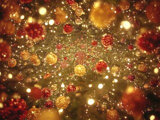 a christmas tree decorated with red and gold ornaments and lights