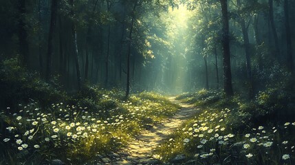 Obraz premium Sunlit Path Through A Mystical Forest With Daisies