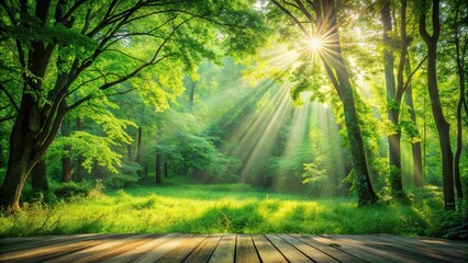 Sunbeams filtering through a lush green forest, illuminating a grassy meadow with a wooden platform in the foreground