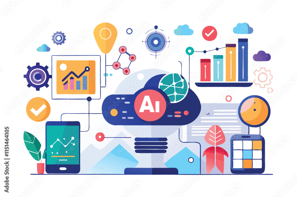 Leinwandbilder Colorful vector illustration depicting cloud computing and data analysis with graphs, gears, and digital symbols representing technology concepts
