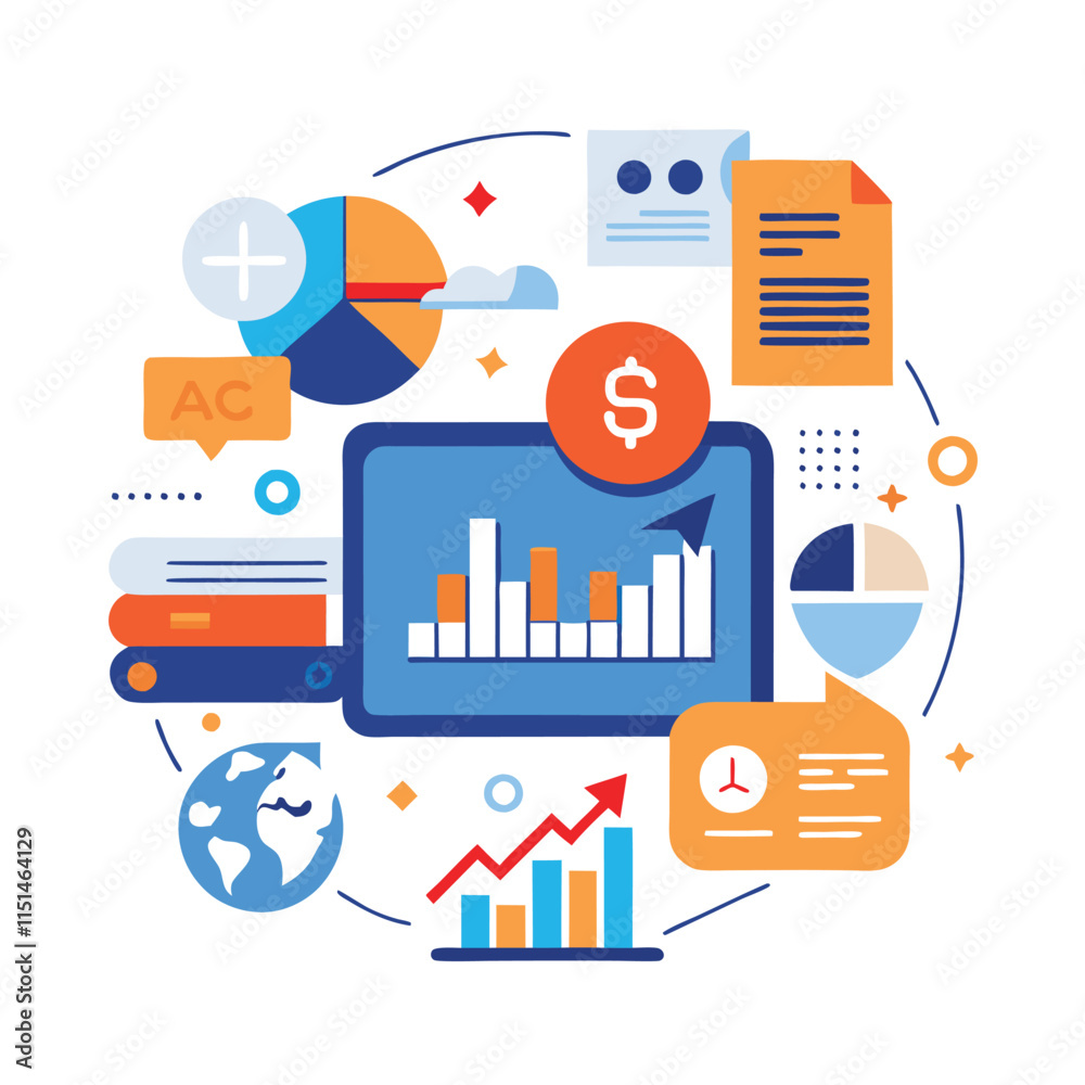 Poster accounting concepts illustrated with various financial elements and graphs depicting growth and anal