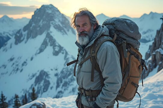 old man in mountain with backback