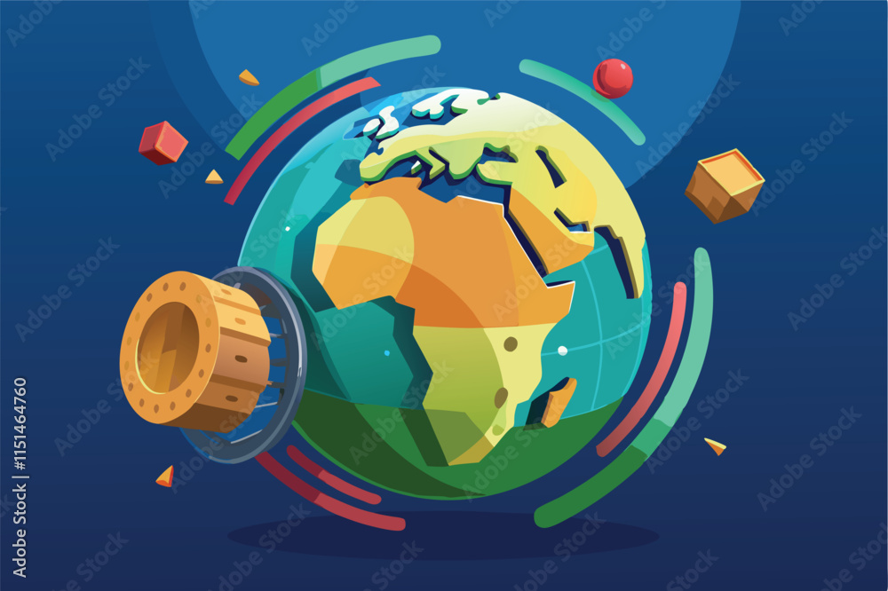 Poster colorful vector representation of a globe highlighting continents with vibrant colors and elements o