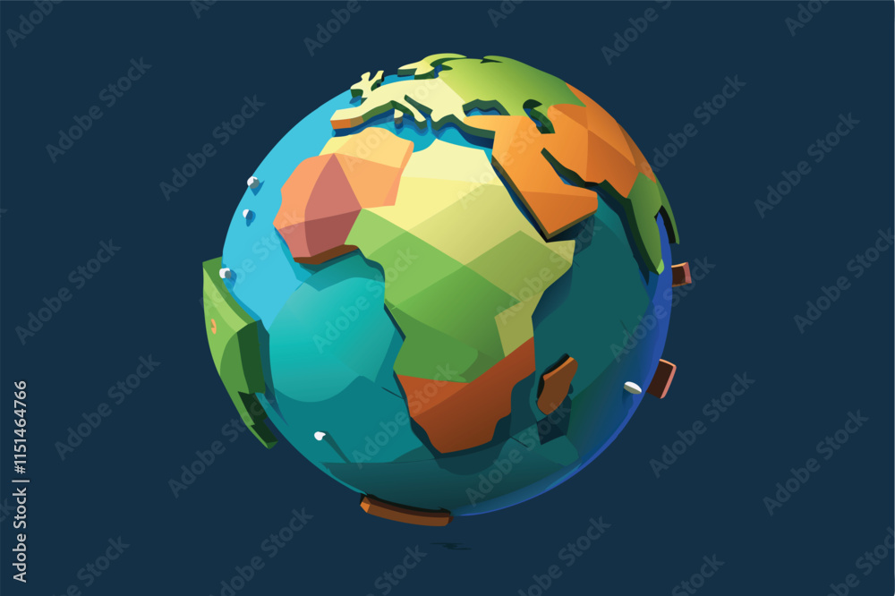Poster colorful vector representation of a globe highlighting continents with vibrant colors and elements o