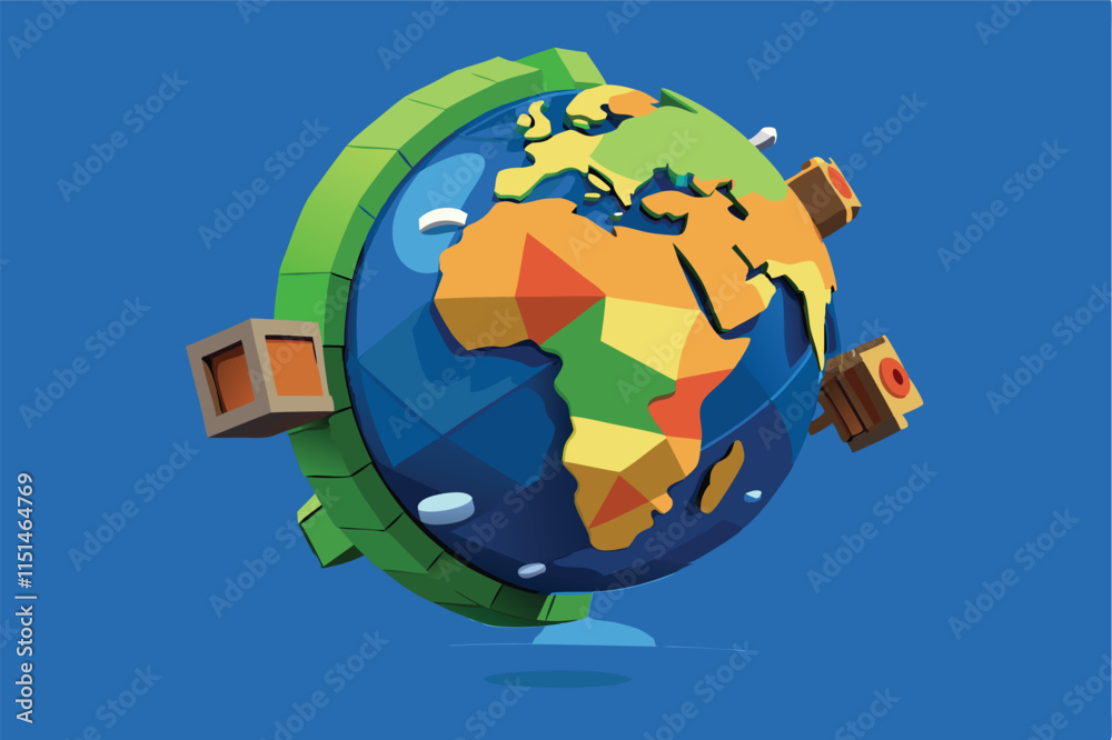 Poster colorful vector representation of a globe highlighting continents with vibrant colors and elements o