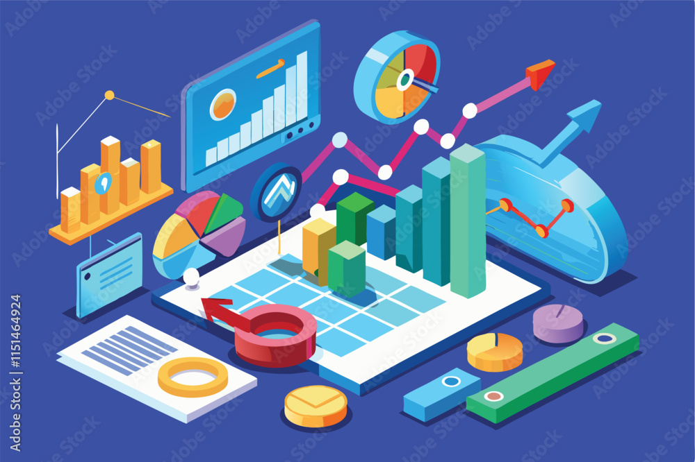 Poster stylized vector representation of financial data analysis with colorful charts and graphs for busine