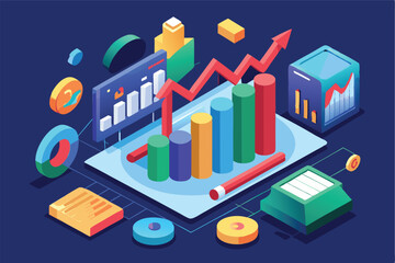 Stylized vector representation of financial data analysis with colorful charts and graphs for business insights
