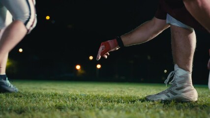 Cinematic shot of American Football player Kickoff Game Start. Static Close-up of Ball Being Kicked by the Professional Player. Gates Goal Kick. Successful Team Scores and Wins Championship.