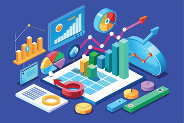 Stylized vector representation of financial data analysis with colorful charts and graphs for business insights