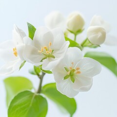 Obraz premium close-up of white apple blossoms with green leaves