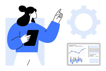 Woman holding a tablet, gesturing towards a screen displaying charts and graphs. Gear icon in the background. Ideal for business analytics, data presentation, teamwork, digital transformation