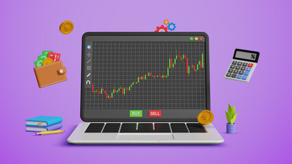 Buying and selling stocks, analyzing candlestick chart pattern, crypto and forex trading concept. Trading strategy and portfolio management. 3D candlestick chart on a laptop with trading icons