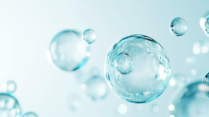 Blue water bubbles and splashes on clean background, aesthetic mockup. Generative AI