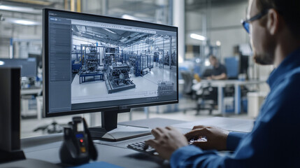 Obraz premium Engineer Using 3D Software to Model Robotic Assembly Line for Advanced Automation in a High-Tech Industrial Workspace