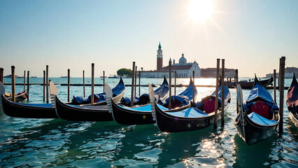 Fototapeta premium Venice, Italy: Gondolas lined up on the Venice waterfront under sunny skies. A picturesque scene capturing the essence of tourism and travel. new image 