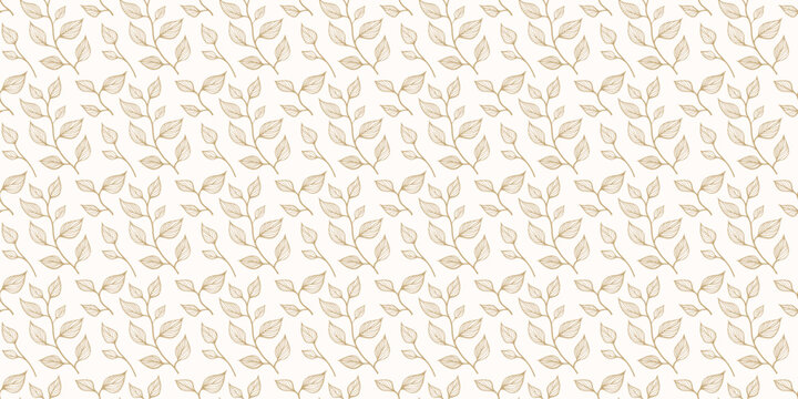 Vector golden seamless botanical pattern. Abstract gold and white ornament texture with small leaves, foliage, outline floral silhouettes, branches. Simple luxury leaf background. Repeatable design