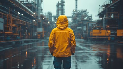 Lone Figure in Yellow Raincoat Stands Near Industrial Plant