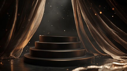 Elegant black tiered display platform with gold curtains and bokeh.