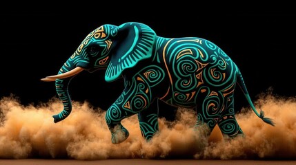 Obraz premium Vibrant Elephant with Artistic Patterns Surrounded by Dust in Dynamic Movement