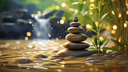 Obraz premium Photo of Zen, stones, flowers, bamboo, background Created with Generative AI technology