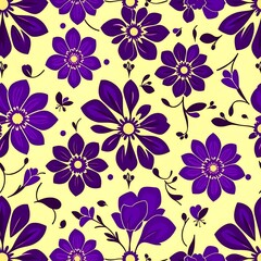 Purple Floral Seamless Pattern: A vibrant and intricate pattern featuring purple flowers on a soft yellow background.