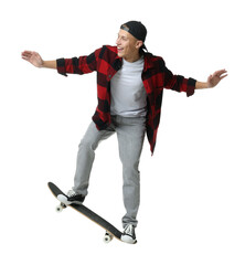 Happy man with skateboard on white background