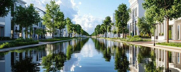 Obraz premium A serene urban scene with a tranquil canal reflecting lush trees and modern architecture under a bright blue sky.