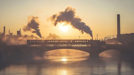 Obraz premium Steam train crossing bridge at sunrise, smoke billowing, industrial background.