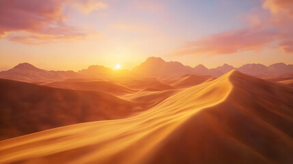Naklejka premium Majestic Desert Sunset: Golden Dunes and Mountains Panorama