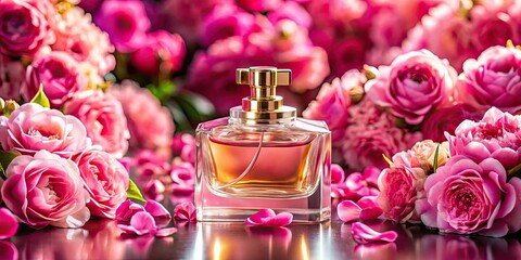 4K timelapse:  A luxurious perfume bottle's beauty unfolds on an elegant pink floral podium, seamlessly looped.