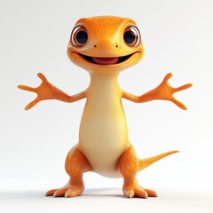 An orange cartoon lizard is standing with arms outstretched.