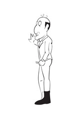 Black and white illustration of a bald man standing while holding his hands to the wall. Hand drawn illustration