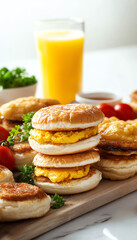 Delicious breakfast sandwiches stacked with eggs, fresh tomatoes, and served with refreshing orange juice.