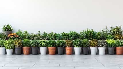 Fototapeta premium Lush Green Indoor Plants in Decorative Pots on Modern Floor Against Minimalist Wall